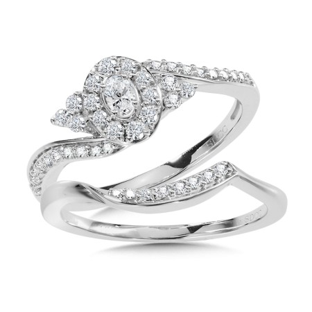 14K White Gold Oval Halo Diamond Bypass Engagement Ring and Wedding Band Bridal Set - BDD2516-W