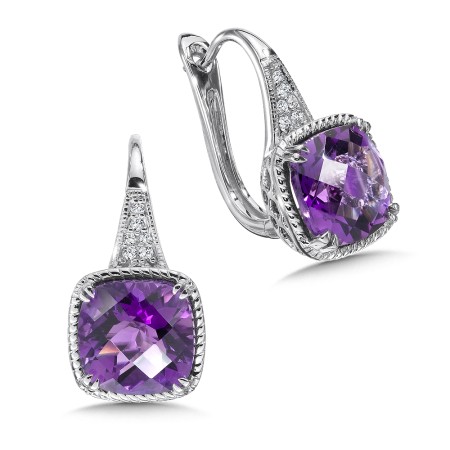 Amethyst and Diamond Earrings in 14K White Gold 
