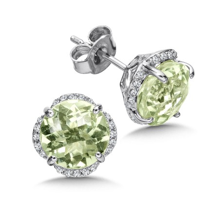 Green Amethyst and Diamond Post Earrings in 14K White Gold