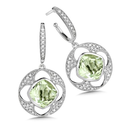 Green Amethyst & Diamond Earrings in 14K White Gold 
