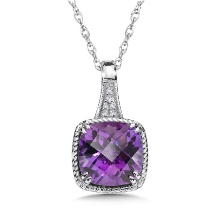 Amethyst and Diamond Pendant in 14K White Gold 