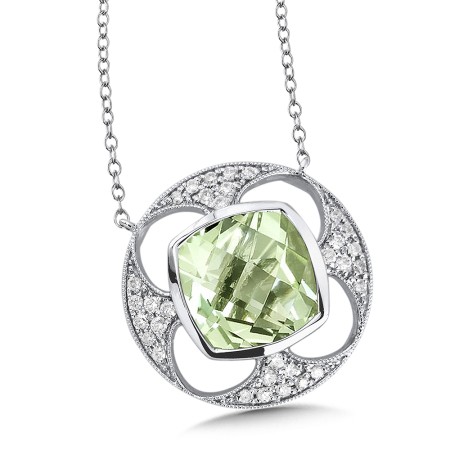 Green Amethyst & Diamond Pendant in 14K White Gold