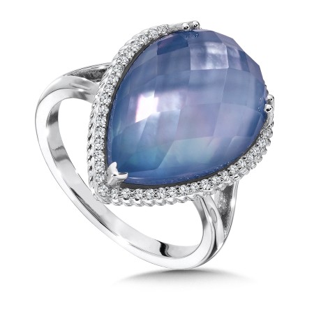 Blue Mother of Pearl Fusion and Diamond Ring in 14K White Gold