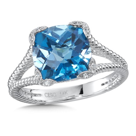 Blue Topaz & Diamond Ring in 14K White Gold 