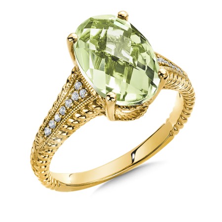 Green Amethyst and Diamond Ring in 14K Yellow Gold