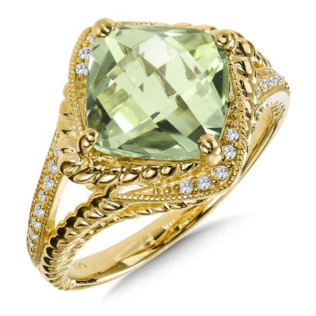 Green Amethyst and Diamond Ring in 14K Yellow Gold
