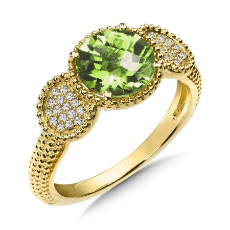 Diamond and peridot ring set in 14k yellow gold.
