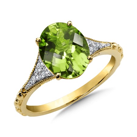 Peridot and diamond ring in 14k yellow gold.