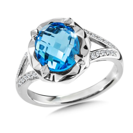 Swiss blue topaz and diamond ring set in 14k white gold.