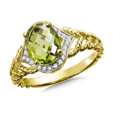 Diamond and peridot ring set in 14k yellow gold.