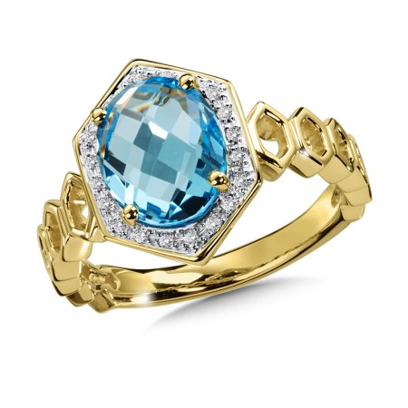 Diamond and blue topaz ring in 14k yellow gold.