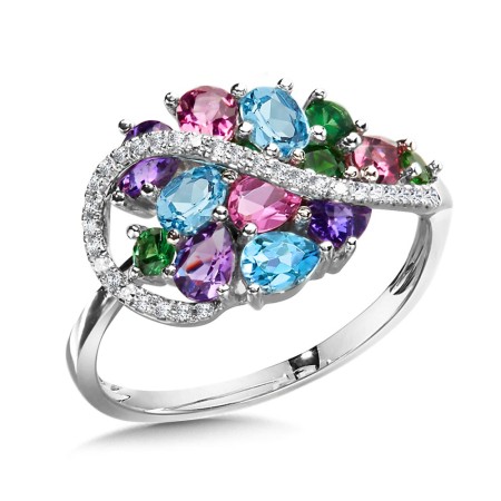 Mixed Gemstone Cluster and Diamond Ring
