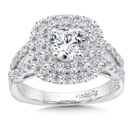 Double Cushion Halo Engagement Ring With Split Shank and Side Stones