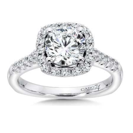 Cushion-Shape Halo Engagement Ring with Diamond Side Stones