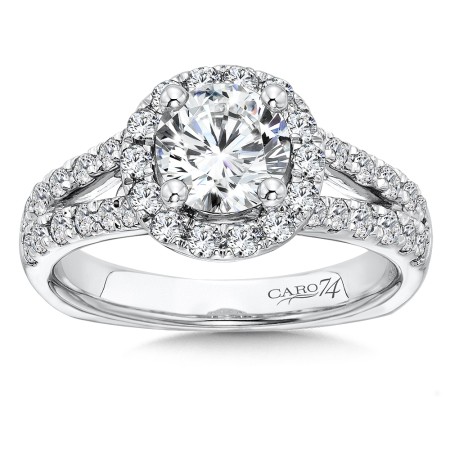 Round Halo Engagement Ring with Split Shank and Diamond Side Stones