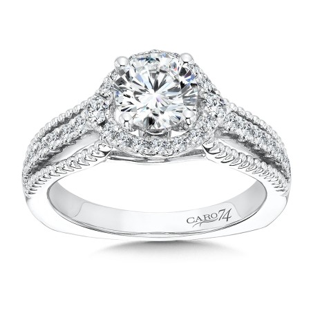 Halo Engagement Ring with Split Shank and Side Stones