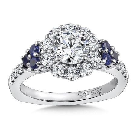 Diamond and Blue Sapphire Halo Engagement Ring