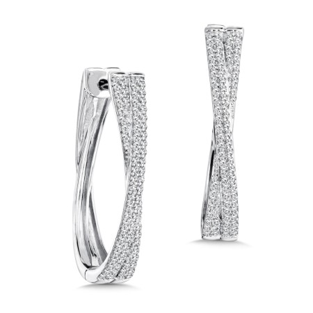Pave set Diamond Crossover Hoops in 14k White Gold