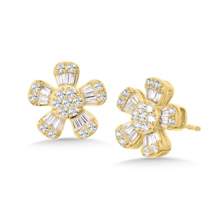 14K Baguette Diamond Floral Earrings