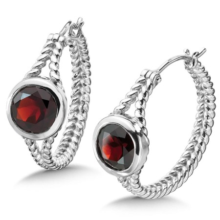 Sterling Silver Garnet Hoop Earrings