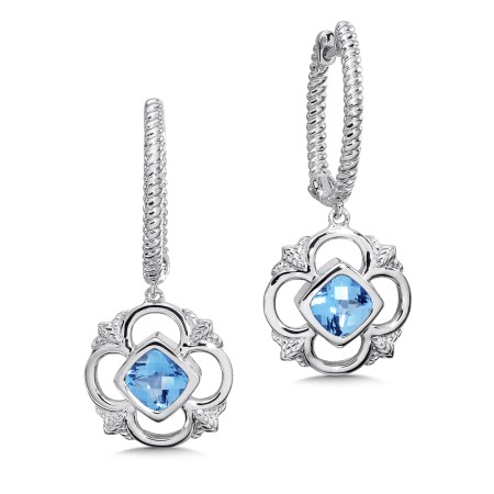 Sterling Silver Fleur De Lis Blue Topaz Dangle Hoop Earrings