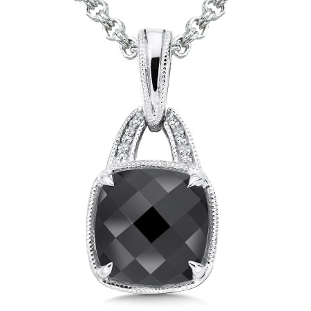 Sterling Silver Onyx White Diamond Pendant