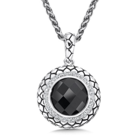 Sterling Silver Onyx and Diamonds Serpentine Round Pendant