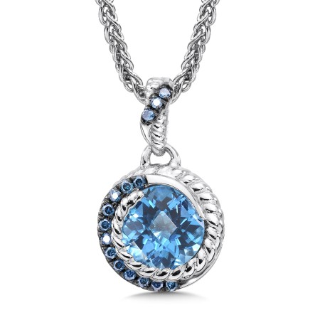 Sterling silver, blue topaz and blue diamond pendant