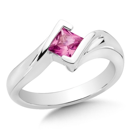 Sterling silver and princess cut created pink sapphire ring.