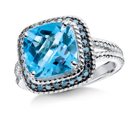 Sterling silver, blue topaz and blue diamond ring.