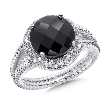 Sterling silver, onyx and diamond ring.