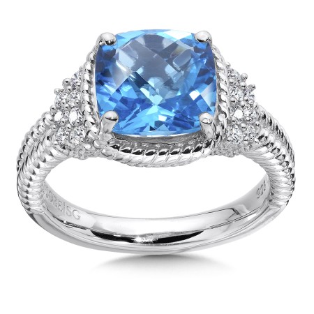 Sterling silver, blue topaz and white diamond ring.