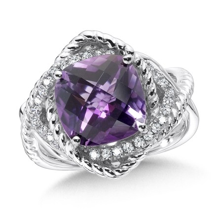 Sterling silver, purple amethyst and diamond ring