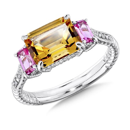 Sterling Silver, citrine and created pink sapphire diamond ring