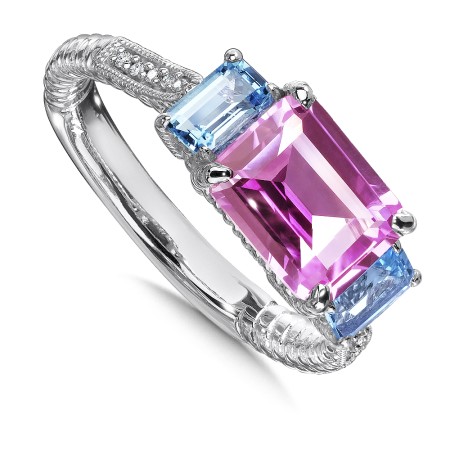 Sterling Silver, created pink sapphire and blue topaz  diamond ring