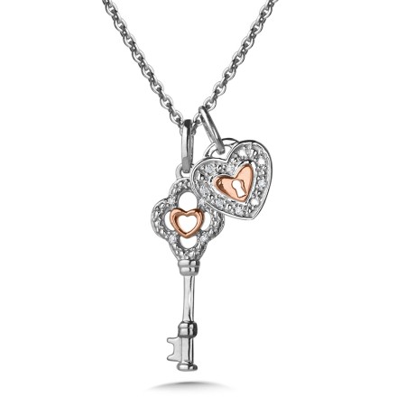 Sterling Silver and 14K Rose Gold Heart-Lock and Key Diamond Pendant
