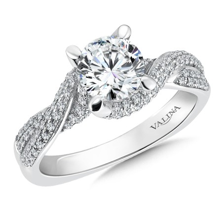 Spiral style diamond engagement ring set in 14k white gold.