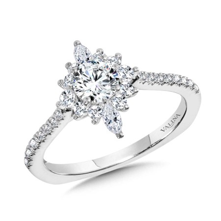 Marquise-Accented Sun Burst Diamond Halo Engagement Ring | R2204W | Valina Engagement Rings
