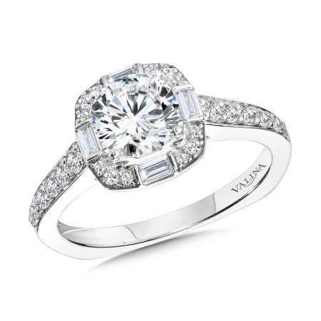 Baguette-Accented Cushion-Shaped Halo Diamond Engagement Ring w/ Channel-set Illusion | R2216W | Valina Engagement Ring
