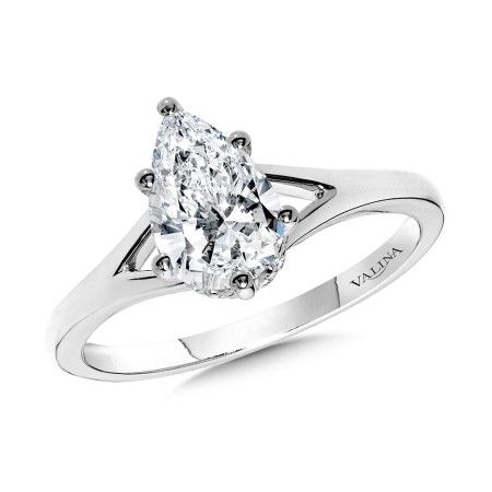 Six-Prong Pear-Cut Diamond Split Shank Engagement Ring w/ Chevron Collar
