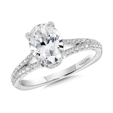 Split Shank Diamond Engagement Ring w/ Milgrain-Beaded Chevron Collar