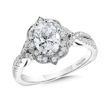 Vintage  Oval-Cut Diamond Halo & Crisscross Engagement Ring  w/ Milgrain Beading & Filigree