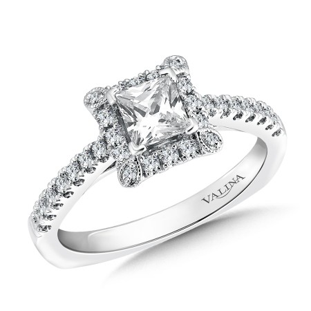 Your bride to be is going to love this square shape diamond halo engagement ring set in 14k white gold.