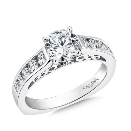 14k white gold diamond engagement ring with side stones.