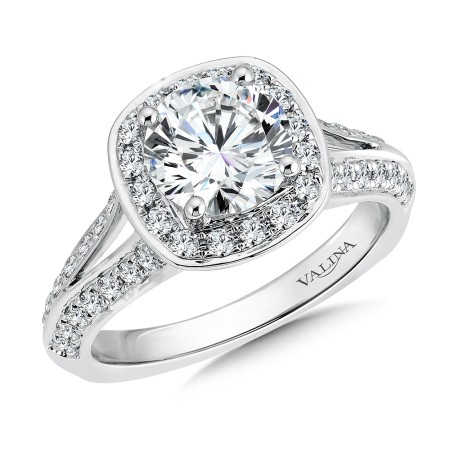 Cushion halo diamond engagement ring by Valina, R9482W.