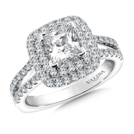 Princess-cut double halo engagement ring in 14k white gold.