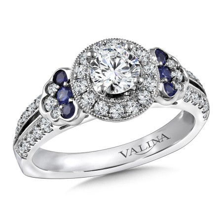 Diamond and Blue Sapphire Halo Engagement Ring