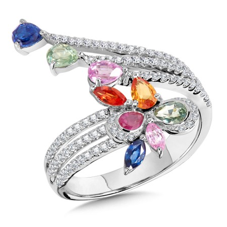 Dramatic Bypass Mixed Sapphire, Ruby & Diamond Cocktail Ring