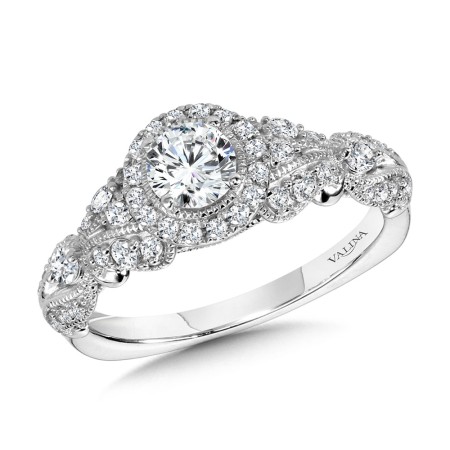 Valina - Vintage Milgrain & Filigree Accented Halo Engagement Ring - R1168W