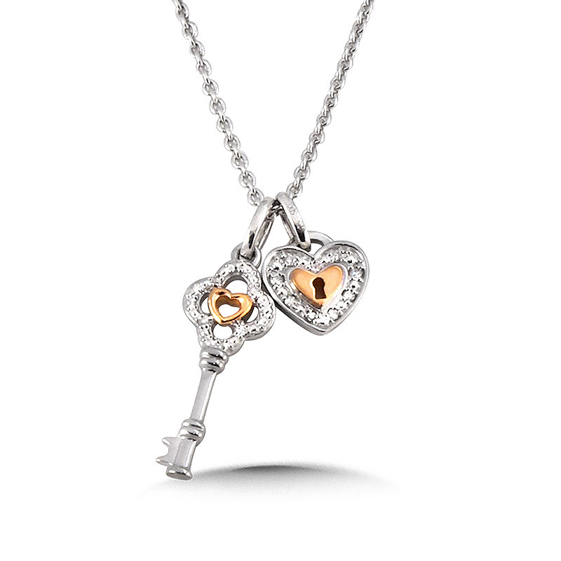 Sterling Silver & 14k Rose Gold Diamond Heart with Lock and Key Necklace - PSD001-T